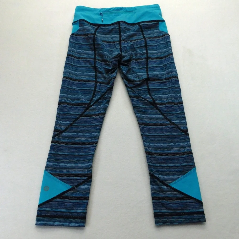 Lululemon Leggings Womens 6 Blue Run Inspire Crop II Stripe Athletic Pockets - Picture 7 of 9
